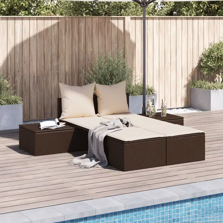 Lettino prendisole vidaXL moderno in rattan e metallo con cuscini resistenti alle intemperie, colore marrone e bianco