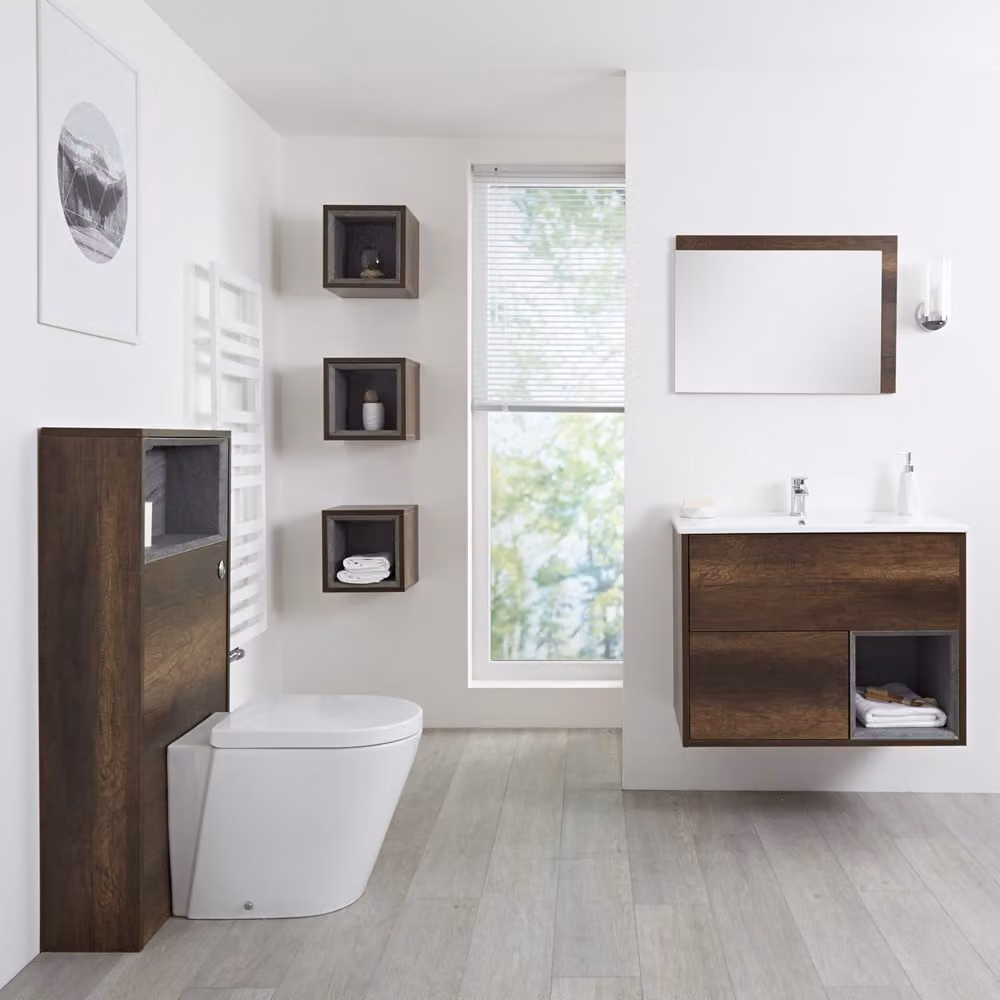 Set Mobili Bagno Rovere Scuro con Lavabo 800mm, Mobile WC, Mobile Murale, Specchio e Sanitario - Hoxton