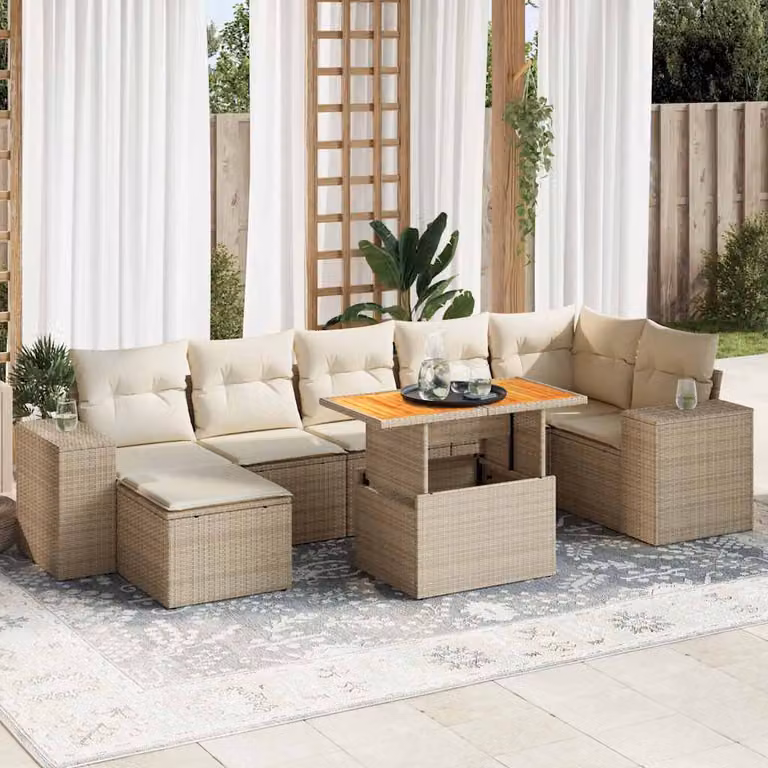 Set Divano da Giardino 8 pz vidaXL in Polyrattan Beige con Cuscini e Tavolino per Esterno