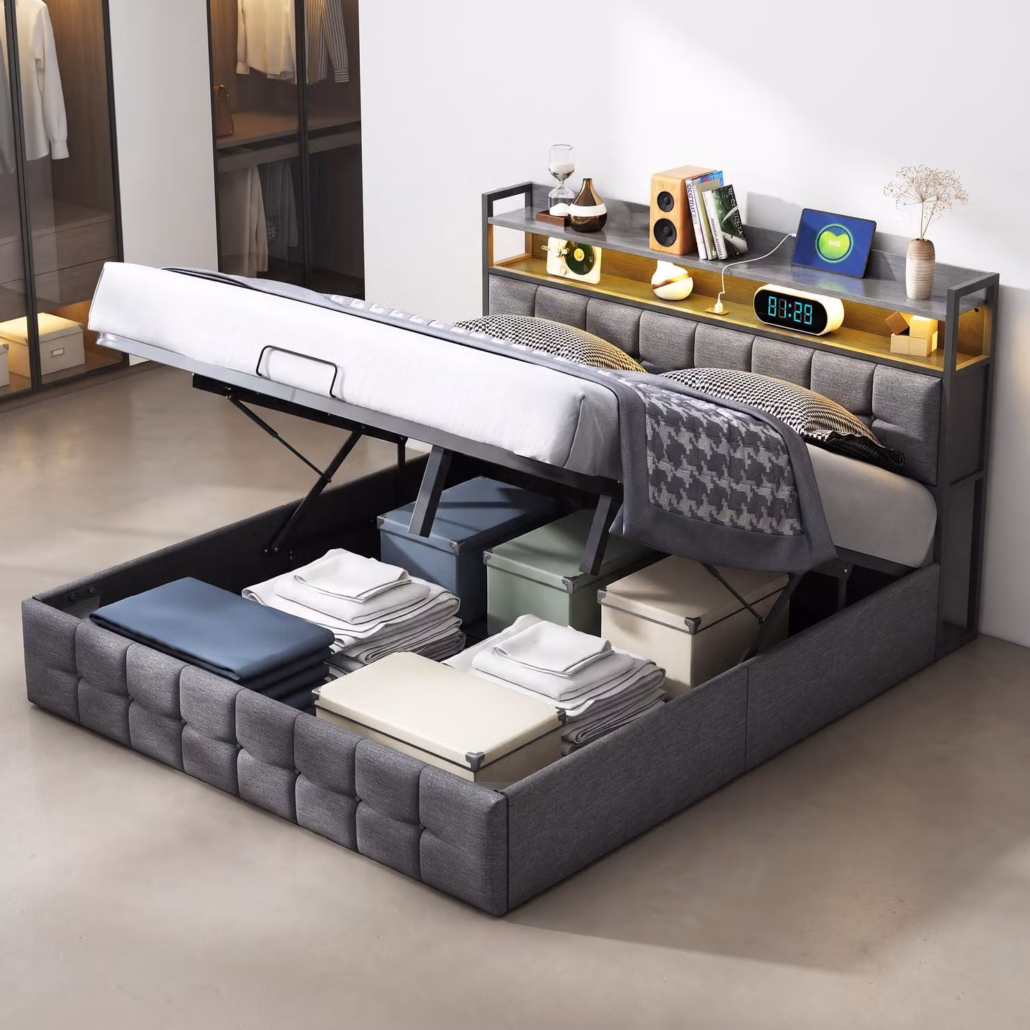 Letto imbottito INONEFT, modello boxspring, 140x190 cm, con luci LED e caricabatterie USB, letto per ragazzi/coppie con rete a doghe e spazio contenitore ad apertura idraulica, tessuto in lino, colore grigio