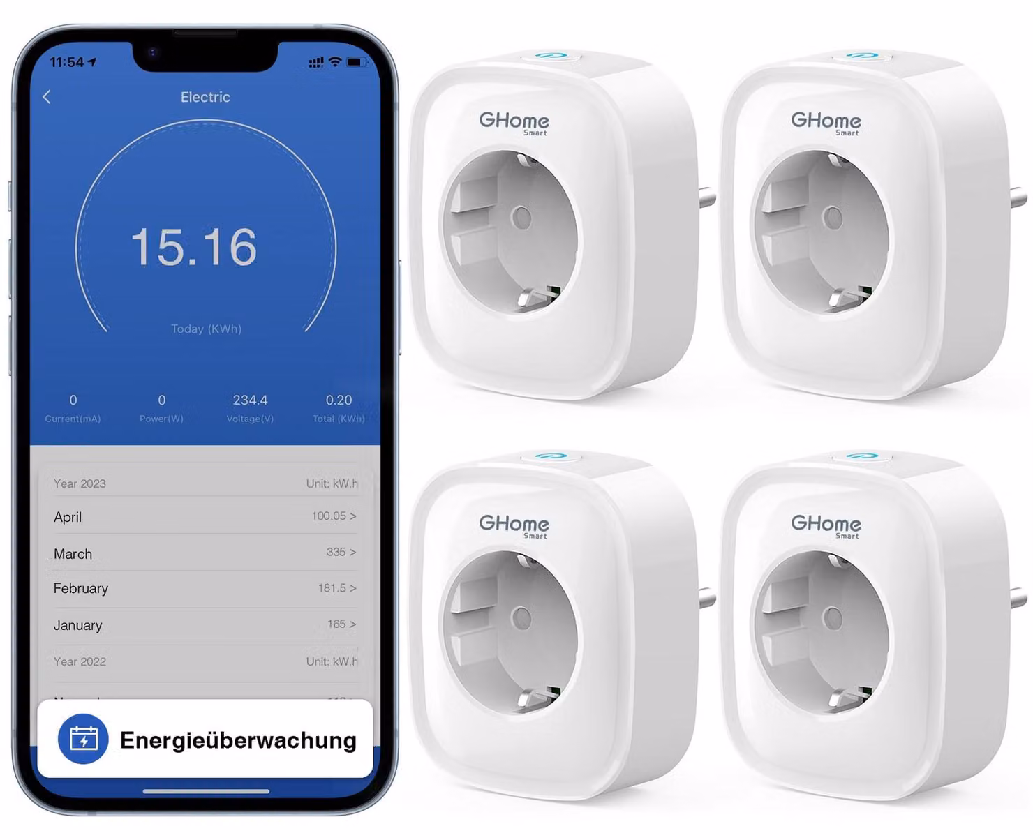 Prese intelligenti Wi-Fi GHome, 16A, per domotica. Compatibili con Alexa/Google Home, misurazione del consumo energetico, controllo tramite app e voce, programmazione e timer. Confezione da 4, solo per reti Wi-Fi a 2,4 GHz. Colore: bianco