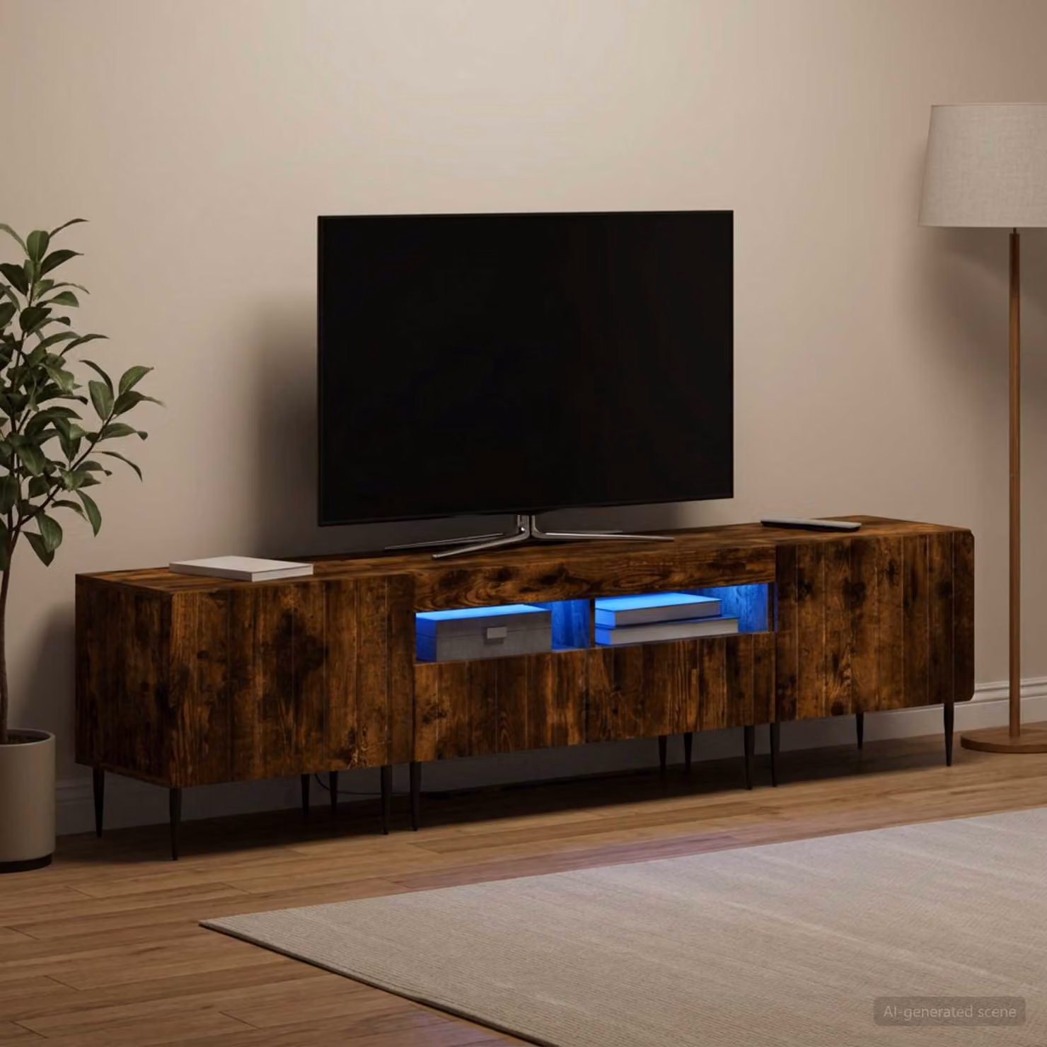 Mobile TV LED vidaXL ZWOLLE in legno ingegnerizzato Rovere Fumo marrone con illuminazione integrata e scomparti multimediali L/P/H: 120 x 43 x 81 cm