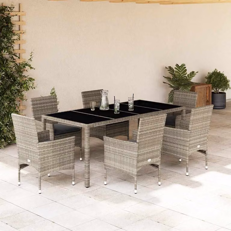 Set Pranzo da Giardino vidaXL in Polyrattan e Vetro con 7 Pezzi e Cuscini Grigio Chiaro