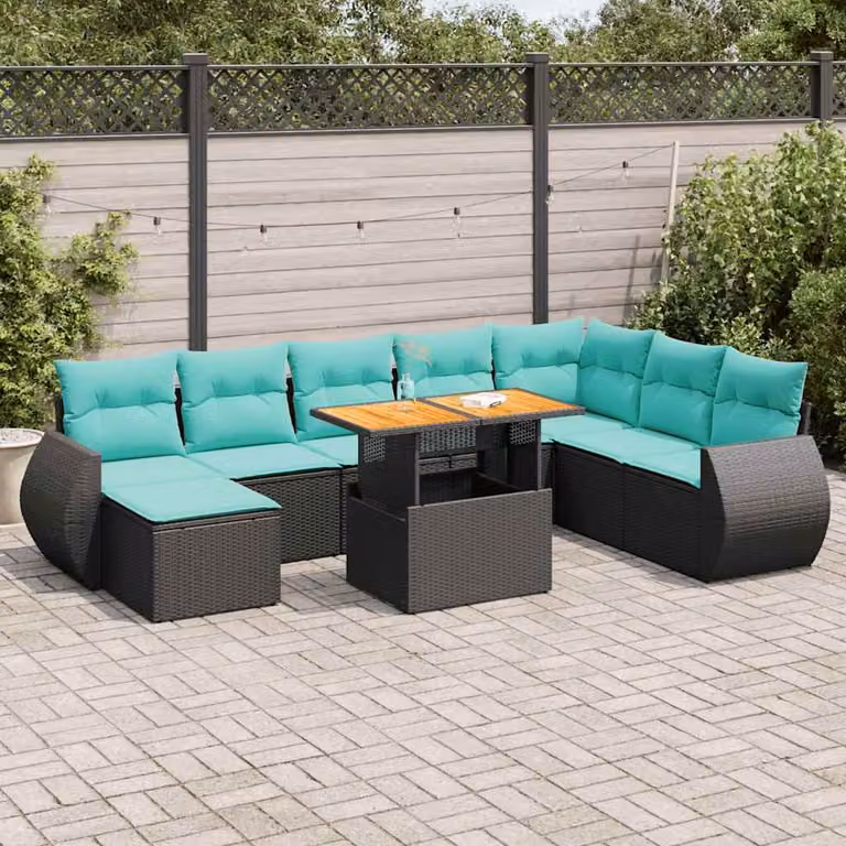 Set di divani da giardino vidaXL 9 pz in rattan con cuscini blu e turchese e struttura in acciaio nero