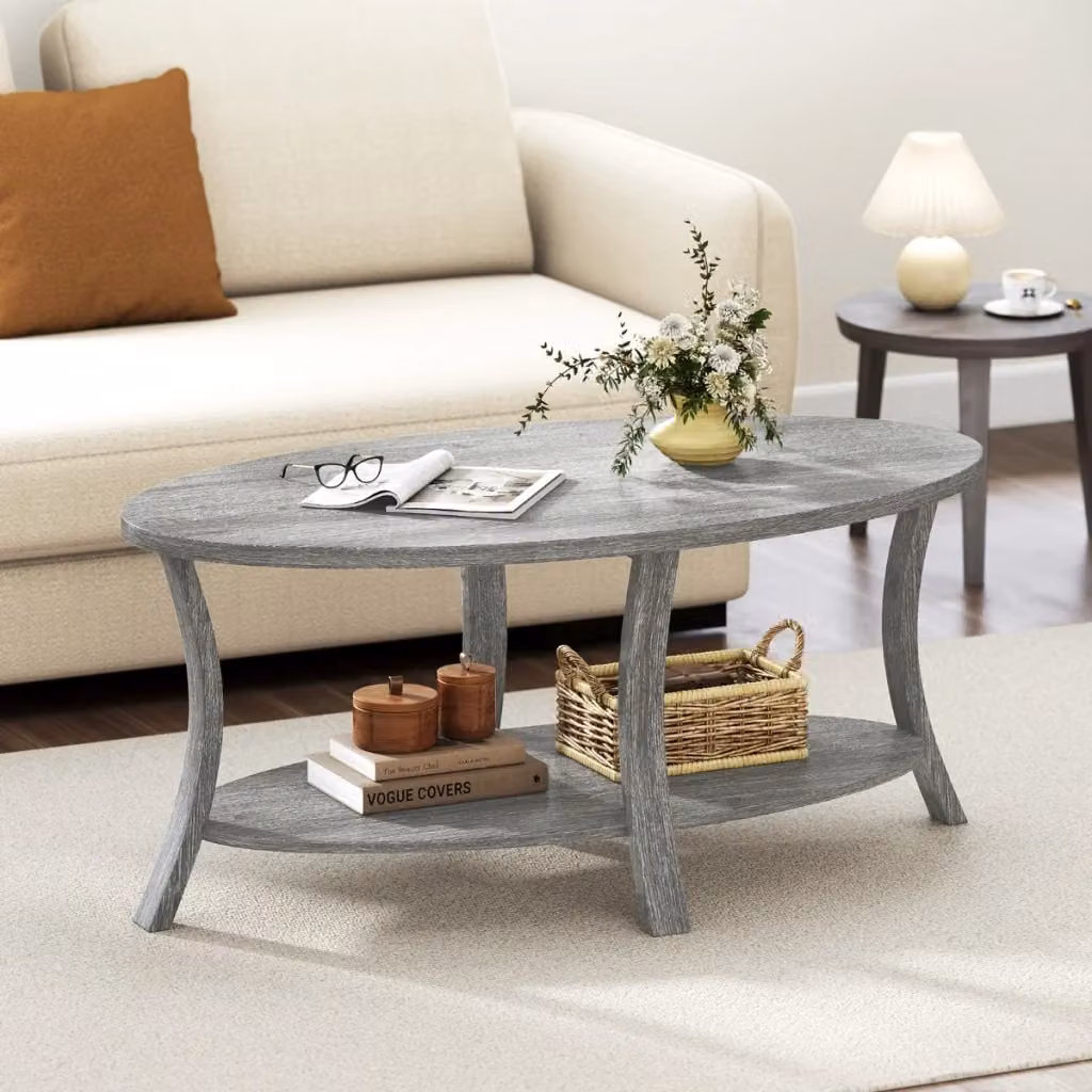 Tavolino da salotto ovale Design Mania in legno di gomma e metallo, Grigio, a 2 livelli – 2