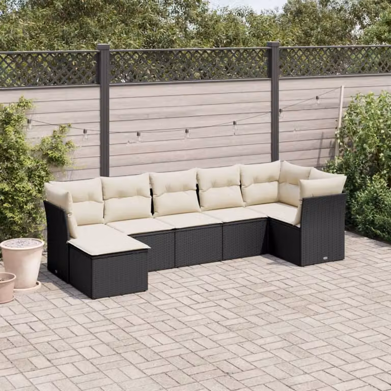 vidaXL Set Divani da Giardino a L con Cuscini 7pz Nero e Bianco in Polyrattan e Metallo