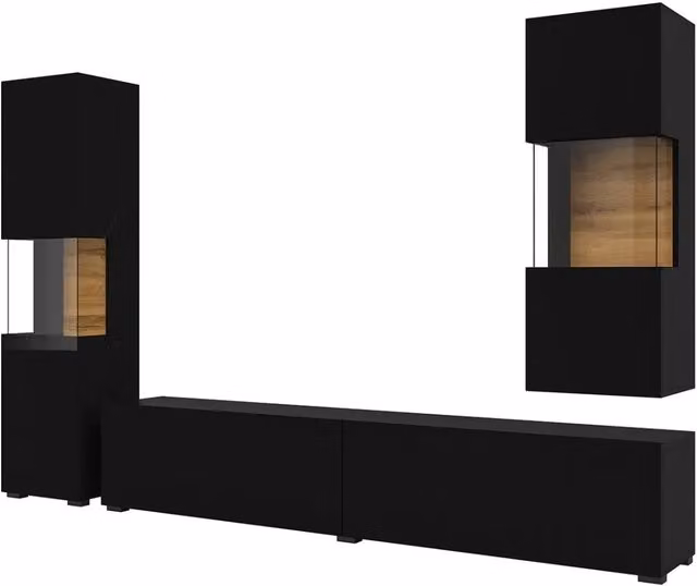 Composizione murale EVA – Nero e rovere – Mobile TV con due vetrine – Stile design moderno