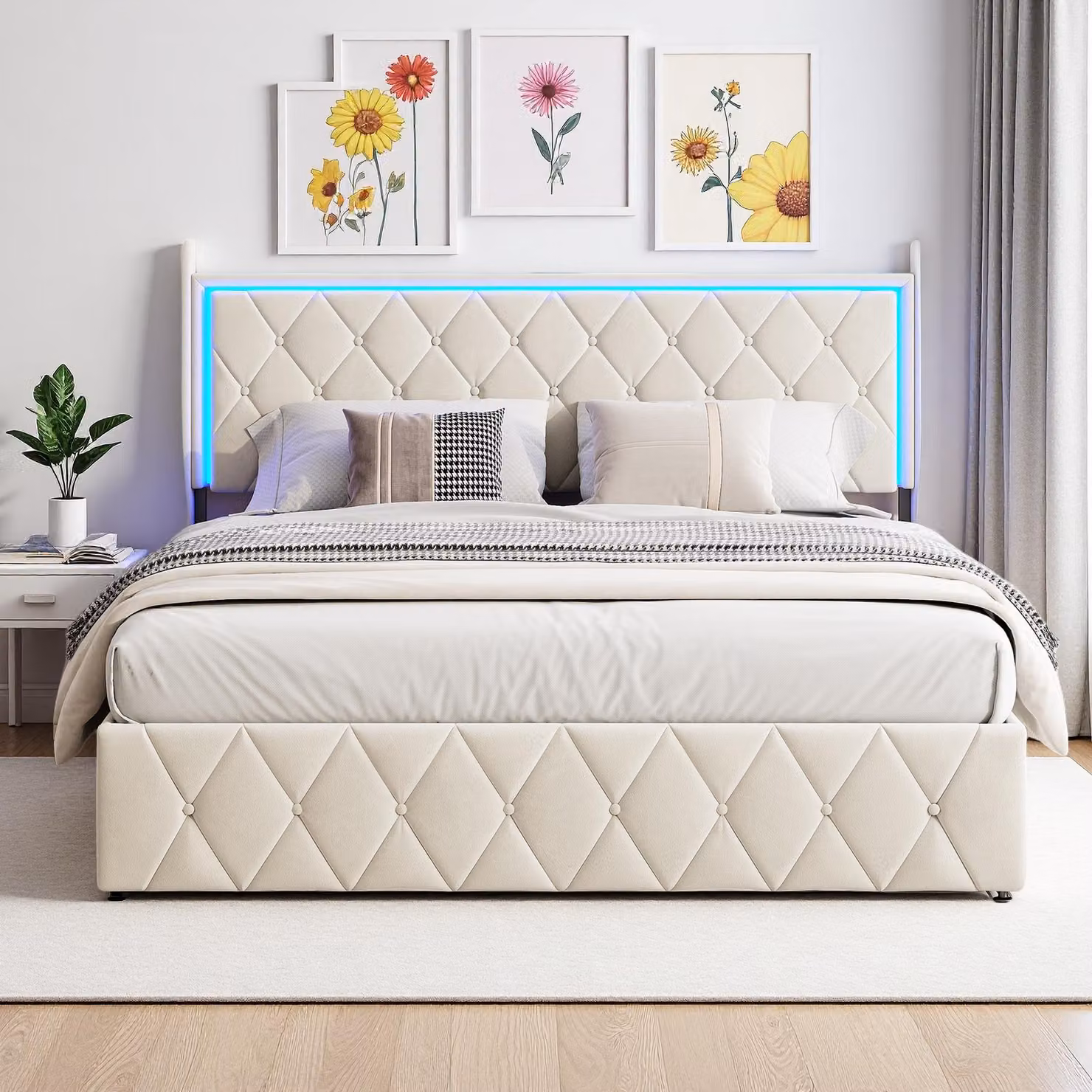 Letto a cassettone da 160x200 cm in velluto beige con illuminazione LED integrata e porte di ricarica - Design moderno e funzionale