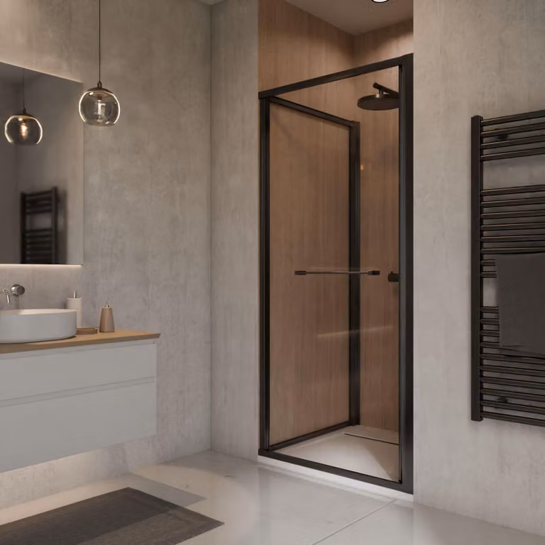 Porta scorrevole a battente Schulte per nicchia 90x190 cm Sunny, vetro di sicurezza temperato con rivestimento nano-technologico Fixil, profilo nero opaco, senza battuta