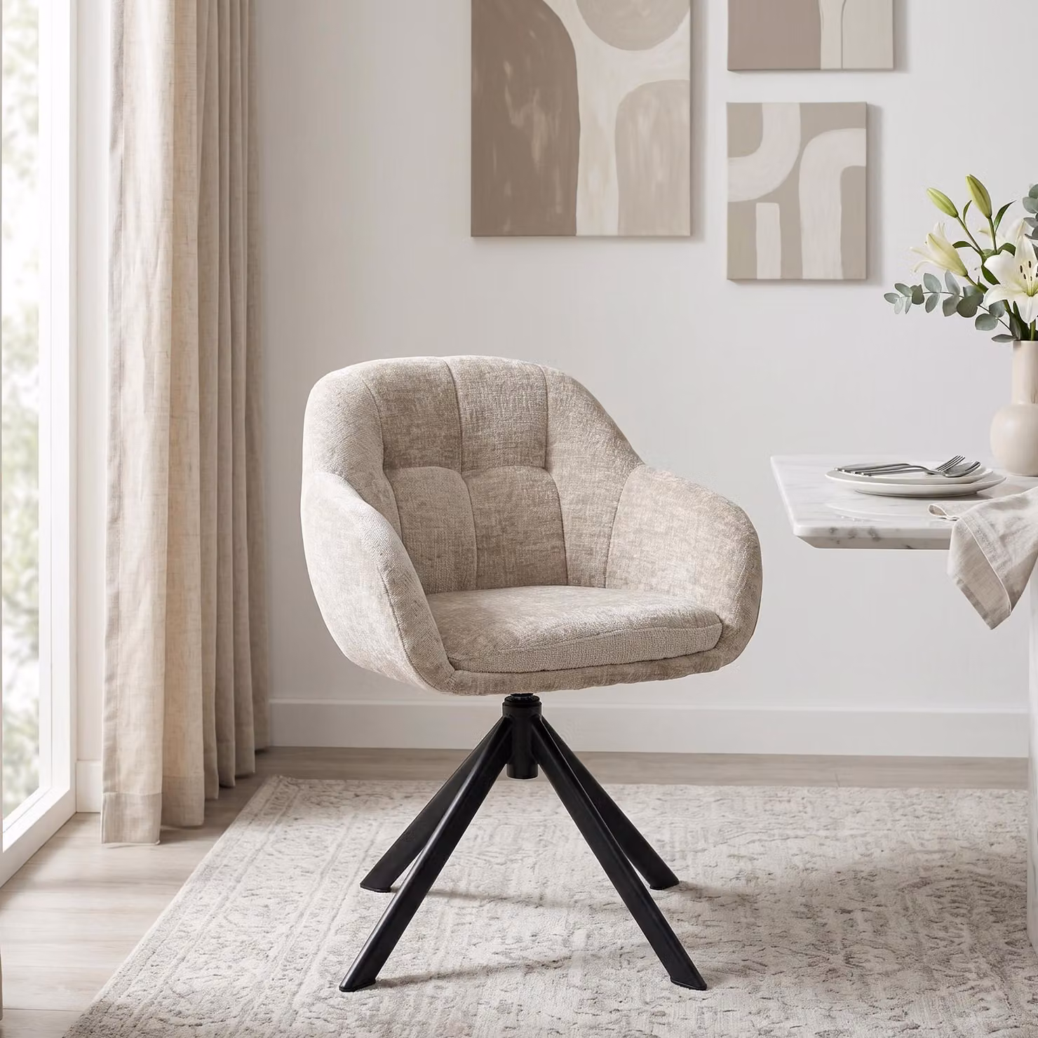 Poltrona da salotto Duhome con braccioli in tessuto ciniglia, sedia da toeletta, sedia da sala da pranzo con seduta girevole a 360°, color kaki