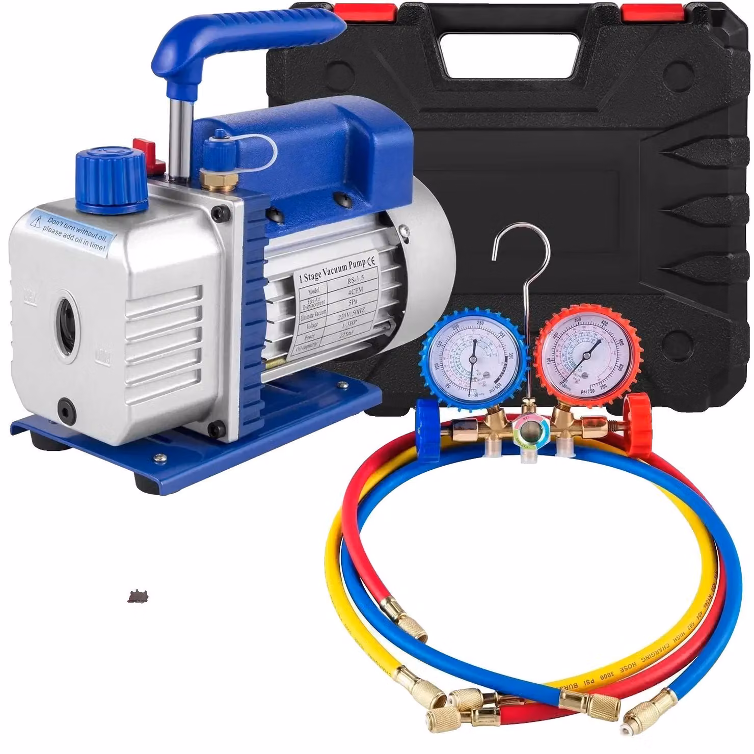 Pompe per vuoto, a una fase, ad alta pressione, con portata di 3 CFM e potenza da 1 a 4 HP, complete di manometro