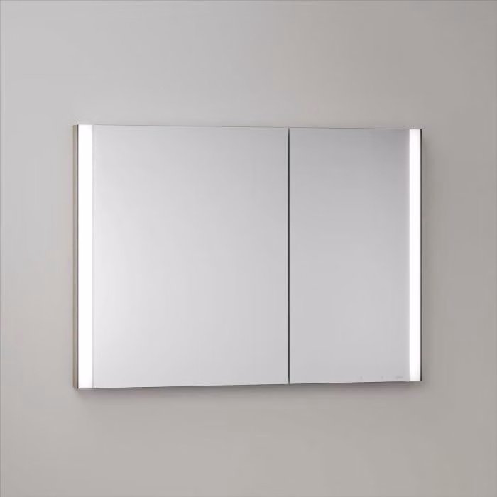Mobile specchio a incasso LED Keuco Royal Metis, dimensioni 100 x 71 cm, 2 ante con riscaldamento a specchio, design asimmetrico