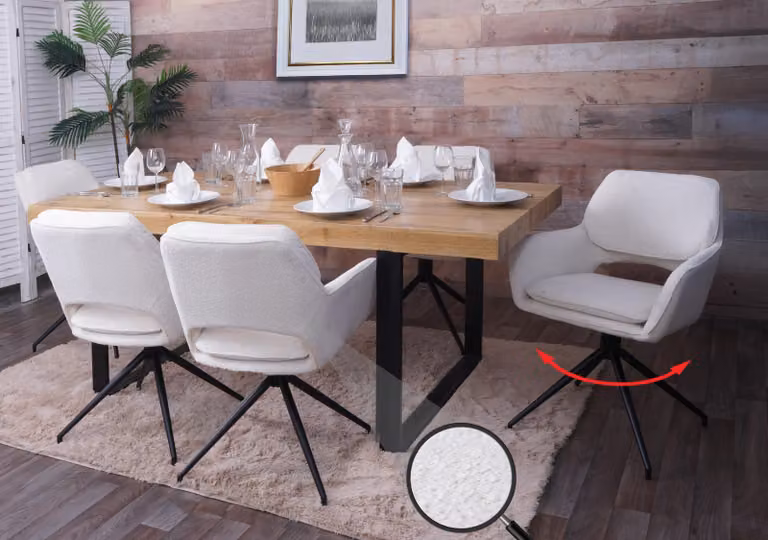 Set di 6 sedie da pranzo modello HWC-N74, sedia da cucina, girevole con ritorno automatico, rivestita in tessuto bouclé (540g/m²), colore crema
