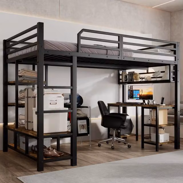 Letto a soppalco 120 × 200 cm con scrivania; ripiano e scala a 4 gradini; rete a doghe in metallo; nero e noce scuro