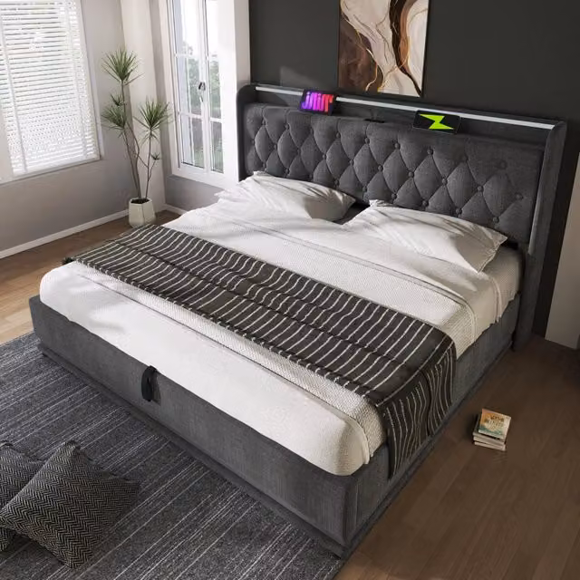 Letto Contenitore REDOM in Tessuto Grigio con Illuminazione LED e Porte USB e Tipo C L/P: 180 x 200 cm