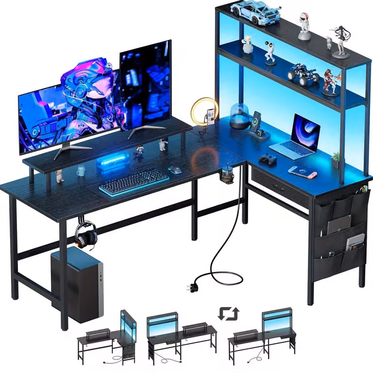 Scrivania da gaming a forma di L, elegante, in nero opaco – Scrivania per computer con illuminazione LED e supporto per monitor