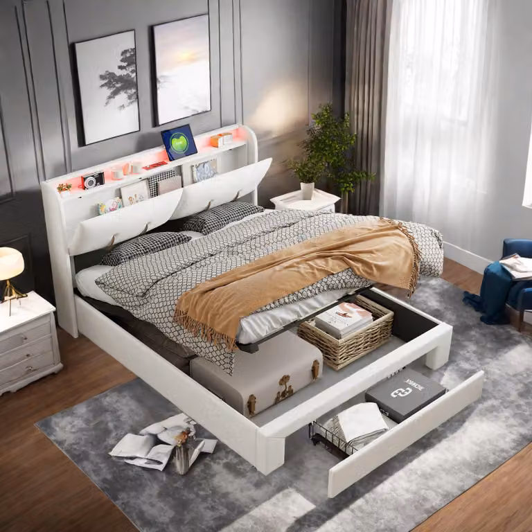 letto contenitore 160x200 cm con illuminazione a LED, rete a doghe, connessione USB tipo C e rivestimento in velluto bianco