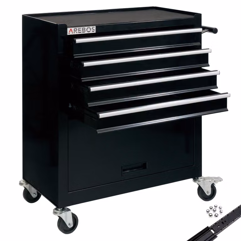 Carrello da officina AREBOS 4 scomparti + scomparto grande nero | tappetini antiscivolo e ruote