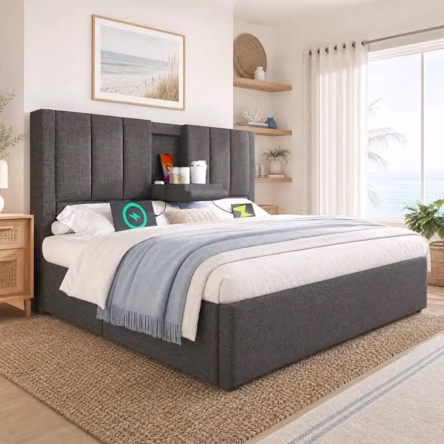 Letto matrimoniale contenitore 140x190 cm in lino grigio con porta bicchieri nascosto e stazione di ricarica