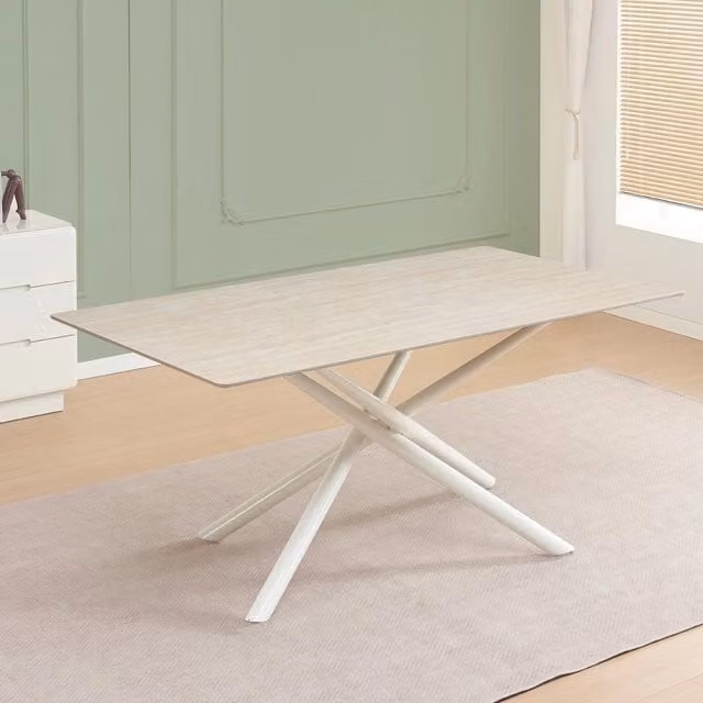 Tavolo fisso Corveo con piano effetto marmo travertino e struttura in metallo bianco stile Shangai 180x90