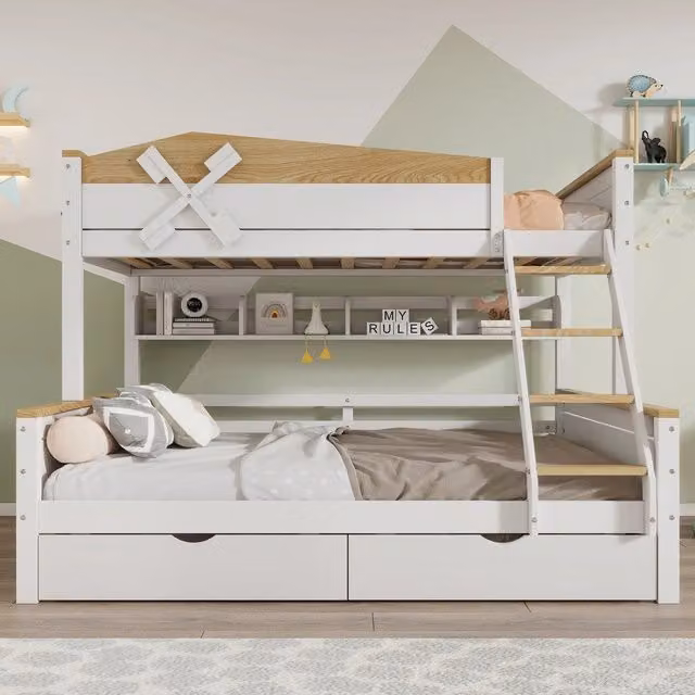 Letto a Castello con Mulino a Vento, Cassetti e Ripiani ¨C Xylo ¨C Pino+MDF, Bianco+Naturale, 90x200/140x200cm