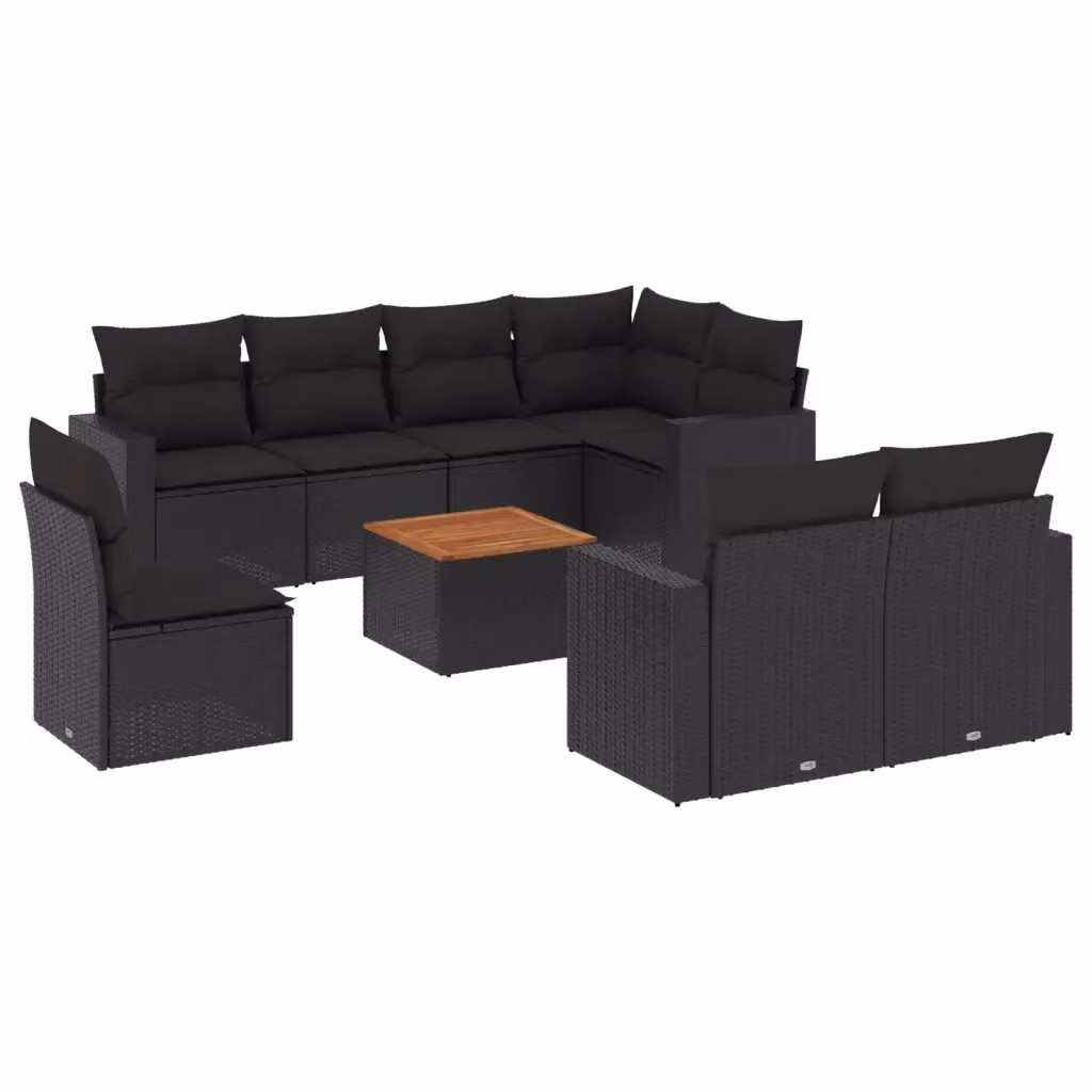 vidaXL Set Divani da Giardino a L 9 pz in Polyrattan Nero con Cuscini e Tavolino – 2