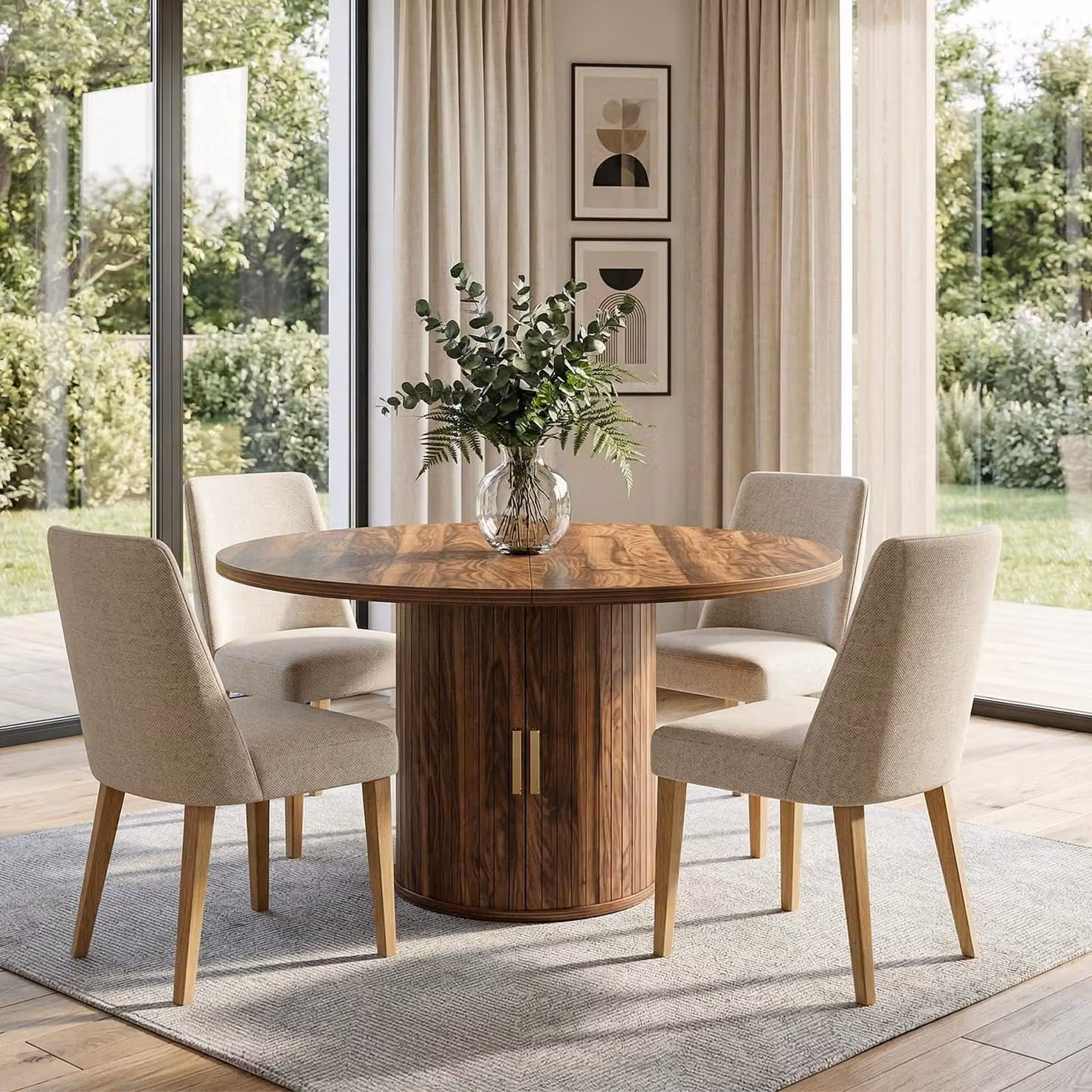 Tavolo da pranzo estendibile, rotondo che diventa ovale, in stile rustico, con base in legno marrone, adatto per 4-6 persone e dotato di spazio contenitivo