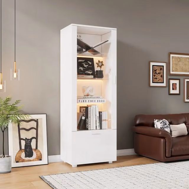 Vetrina con LED 20 colori porta in acrilico e ripiani in vetro temperato bianco lucido 50 × 40 × 160 cm
