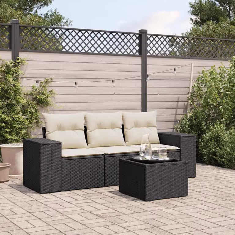 Set da giardino vidaXL composto da divano a 2 posti, poltrone lounge e tavolino con cuscini bianchi e struttura in metallo nero