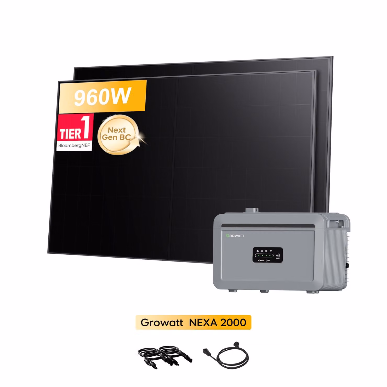 Impianto fotovoltaico da balcone Powerness con accumulatore, Growatt NEXA 2000 All-in-One da 2048 Wh con 2 moduli solari bifacciali Sunpro 480 Wp BC Full Black (IVA 0%)