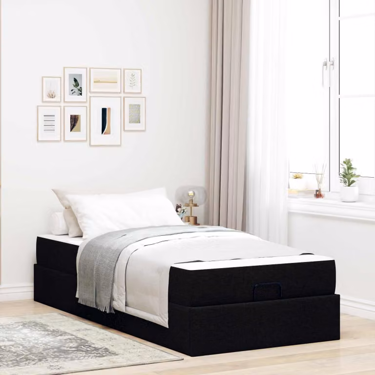 Set letto vidaXL con struttura imbottita in tessuto nero e 2 materassi in schiuma, L/P/H: 190 x 90 x 43,5 cm