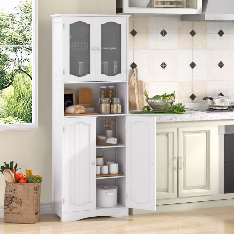 Armadio da bagno e cucina Costway bianco con ante in vetro e ripiani interni, mobile autonomo per soggiorno o ufficio, Altezza: 164 cm
