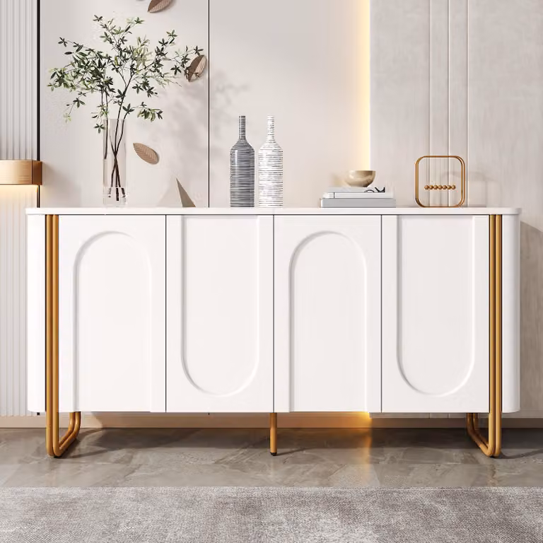 Mobile contenitore laterale Merax con rilievo a motivi decorativi, credenza con 4 ante a spinta e sistema di apertura a pressione, spazio di stoccaggio a più livelli, mobile per soggiorno con gambe in ferro, MDF, bianco