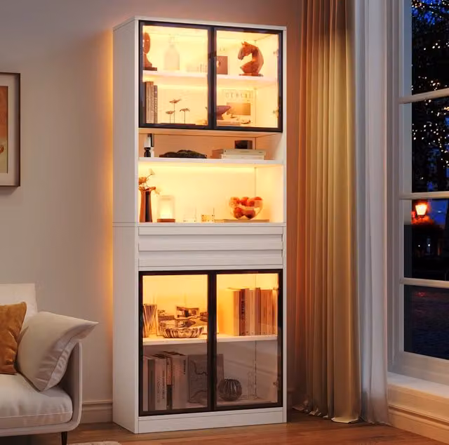 Vetrina alta in MDF con 4 ante in vetro; cassetto e LED RGB controllato da app; bianca; 80×35×200 cm