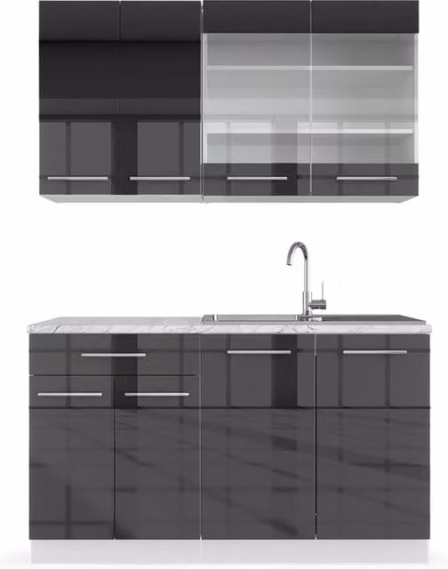 Cucina completa Fame-Line Antracite lucido/Bianco 140 cm, PL Marmo Vicco