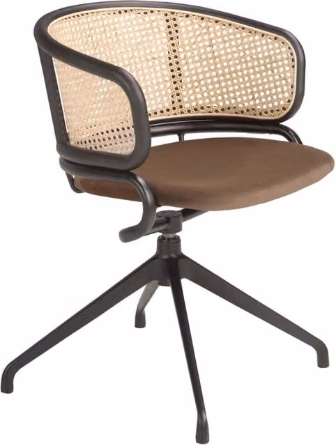Sedia girevole moderna Angel Cerdá in rattan e velluto marrone con braccioli e struttura in metallo nero