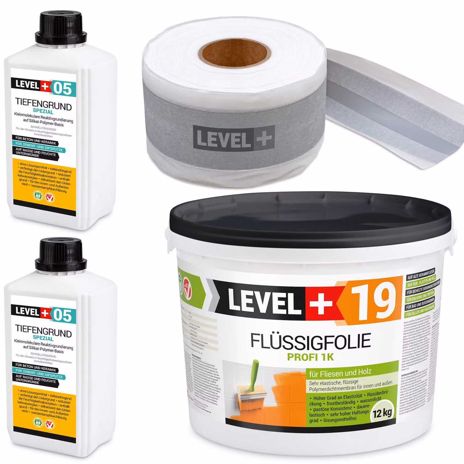 Kit di impermeabilizzazione: membrana liquida 12 kg, nastro 10 metri, primer 2 litri. Adatto per balconi e bagni. Modello: LEVEL+ SET524