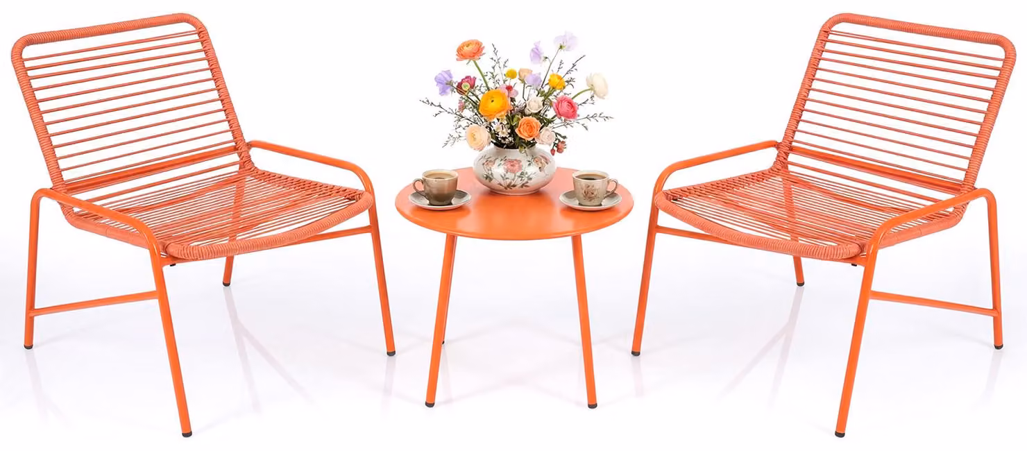 Set di mobili da giardino COSTWAY da 3 pezzi, set da balcone con 2 sedie da giardino e tavolino, set da balcone per 2 persone, mobili da terrazza in polyrattan con struttura in metallo