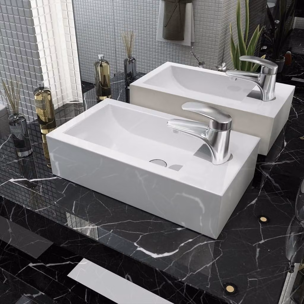 The Living Store Lavabo rettangolare con foro per rubinetto in Vetroceramica bianca 46x25,5x12 cm