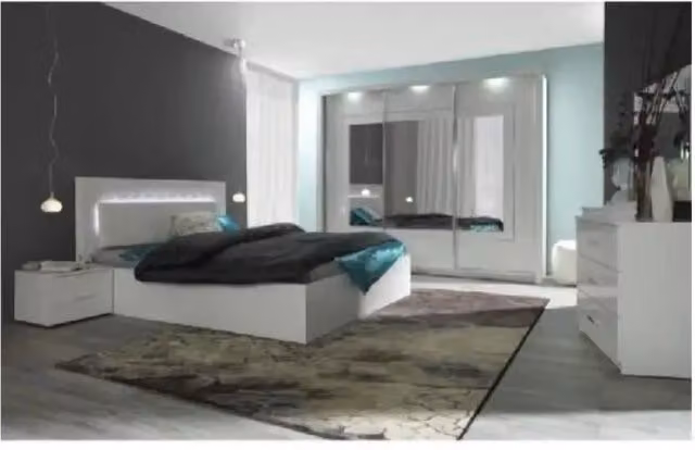 Camera completa PANAREA Meublorama in MDF bianco lucido con armadio, letto 160 x 200 cm, cassettiera e comodini con illuminazione integrata