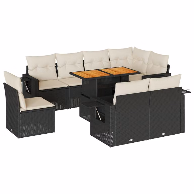 Set Divani da Giardino 9 pz con Cuscini Nero in Polyrattan