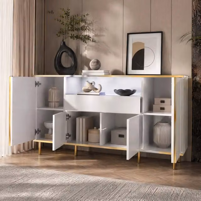 Sideboard lucido bianco 150x40x80 cm con 4 ante; 1 cassetto e LED