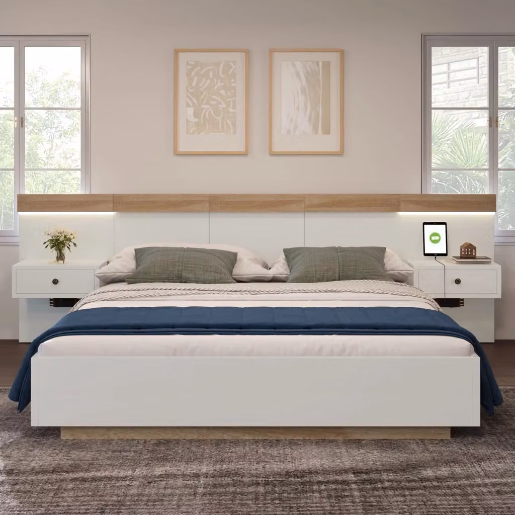 Letto Matrimoniale Moderno con 2 Comodini, Illuminazione LED, Porte USB e Tipo C, Colore Rovere e Bianco, L/P/H: 140 x 200 x 90.5 cm – 2