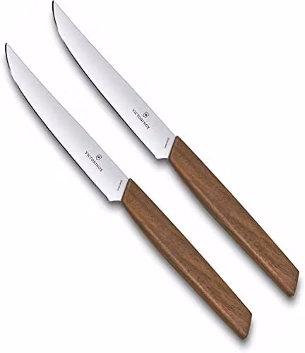 Victorinox Swiss Modern, set di coltelli professionali da bistecca, 2 pezzi, lama extra affilata, affilatura diritta, 12 cm, manico in legno, acciaio inossidabile, marrone