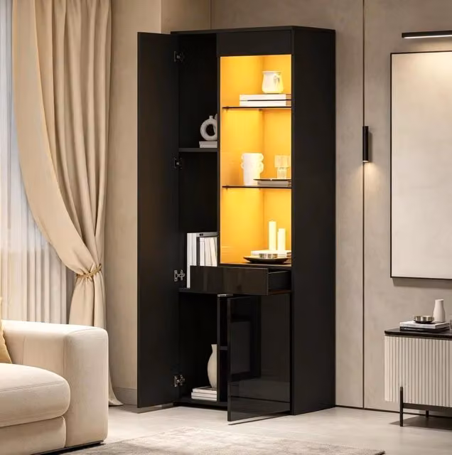 Vetrina ULEVR 70x35x180 cm con 2 ante, cassetto, ripiani in vetro temperato e LED controllabile via app, nera