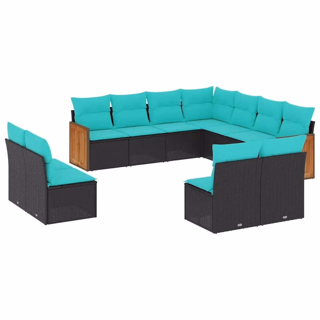 Set di Divani da Giardino a Forma di U vidaXL in Polyrattan Nero con Cuscini Blu e Turchese – 2