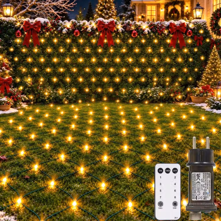 Rete luminosa a LED, dimensioni 3x2 metri, 200 LED bianco caldo, timer, telecomando