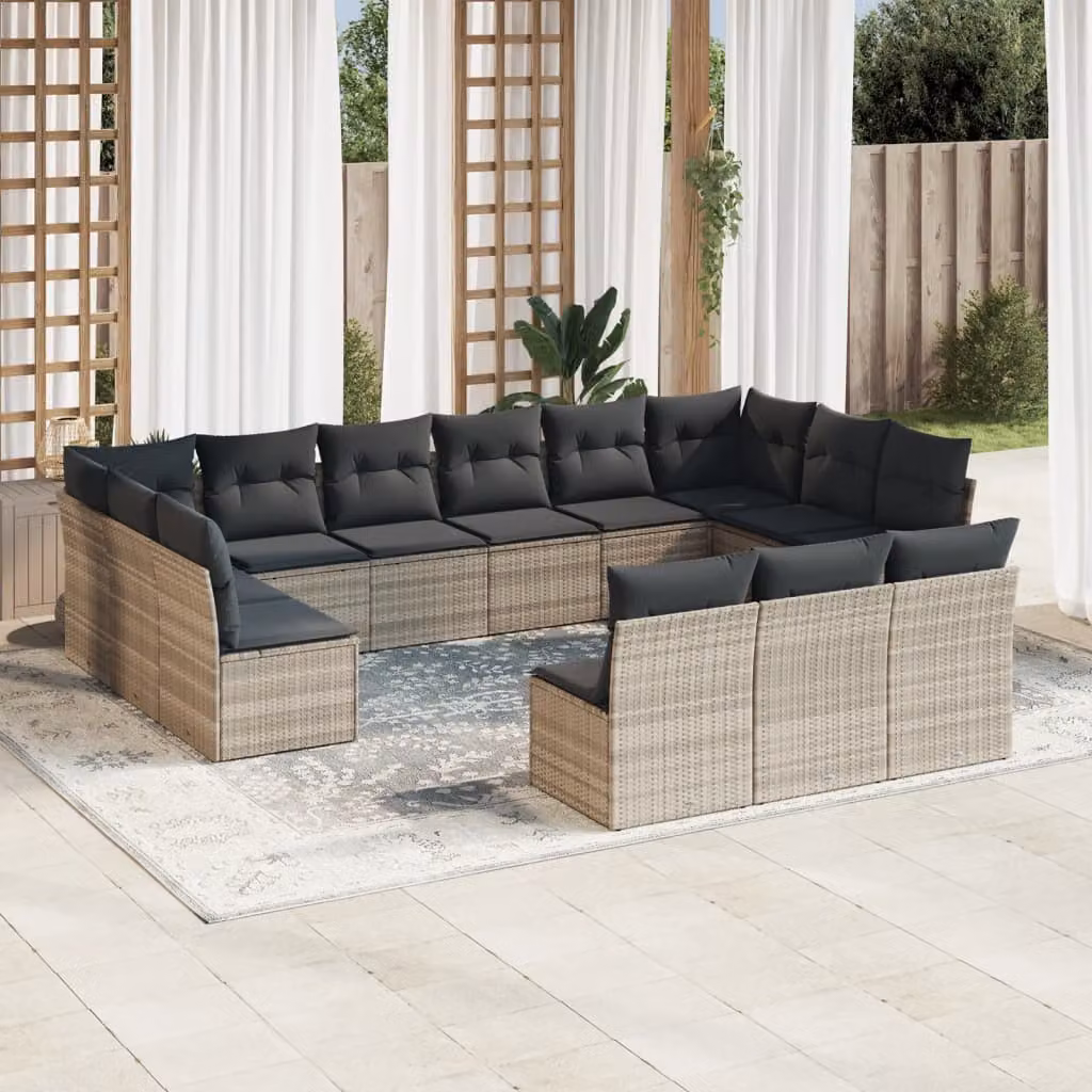 Set Divani da Giardino vidaXL 13 Pezzi a Forma di U in Polyrattan con Cuscini Grigio Chiaro – 1
