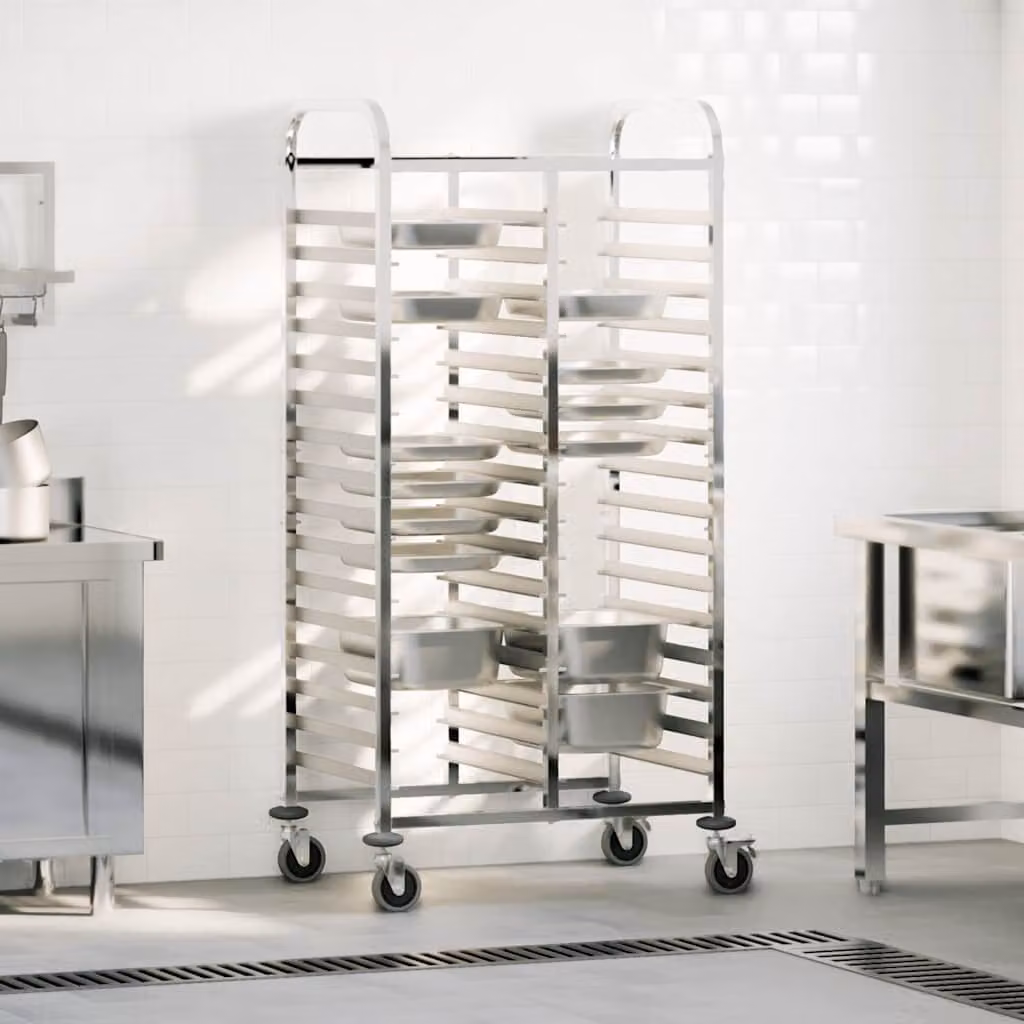 Carrello portateglie vidaXL con 32 contenitori GN, colore argento, L/P/H: 75 x 55 x 162,5 cm