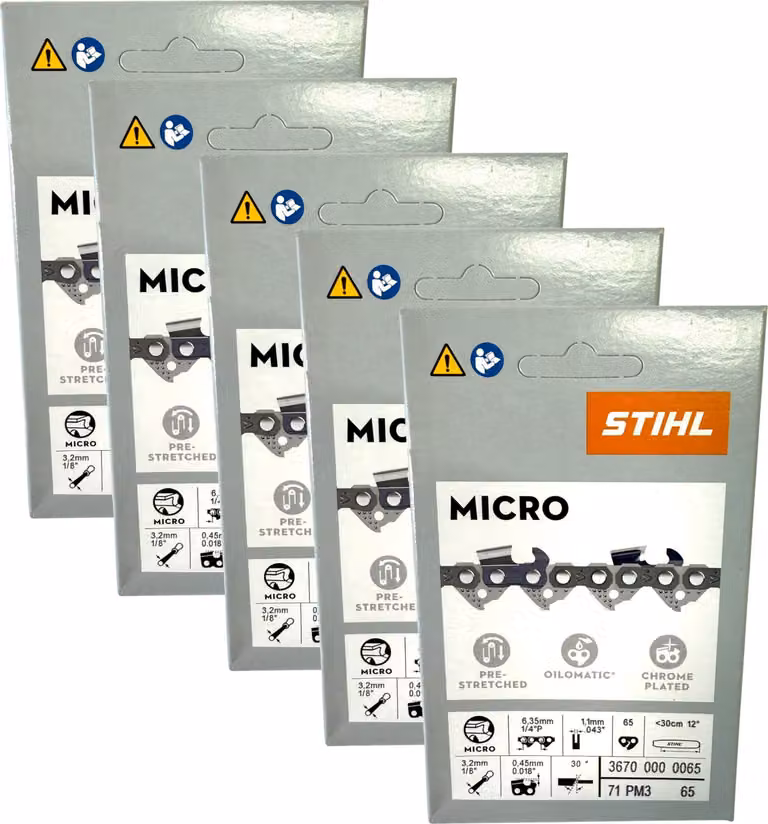 Stihl 5x catena per motosega 1/4" Picco Micro 3 (PM3) da 30 cm, 1/4" P 1,1 mm, 65 TG, 5 pezzi (5x 36700000065)